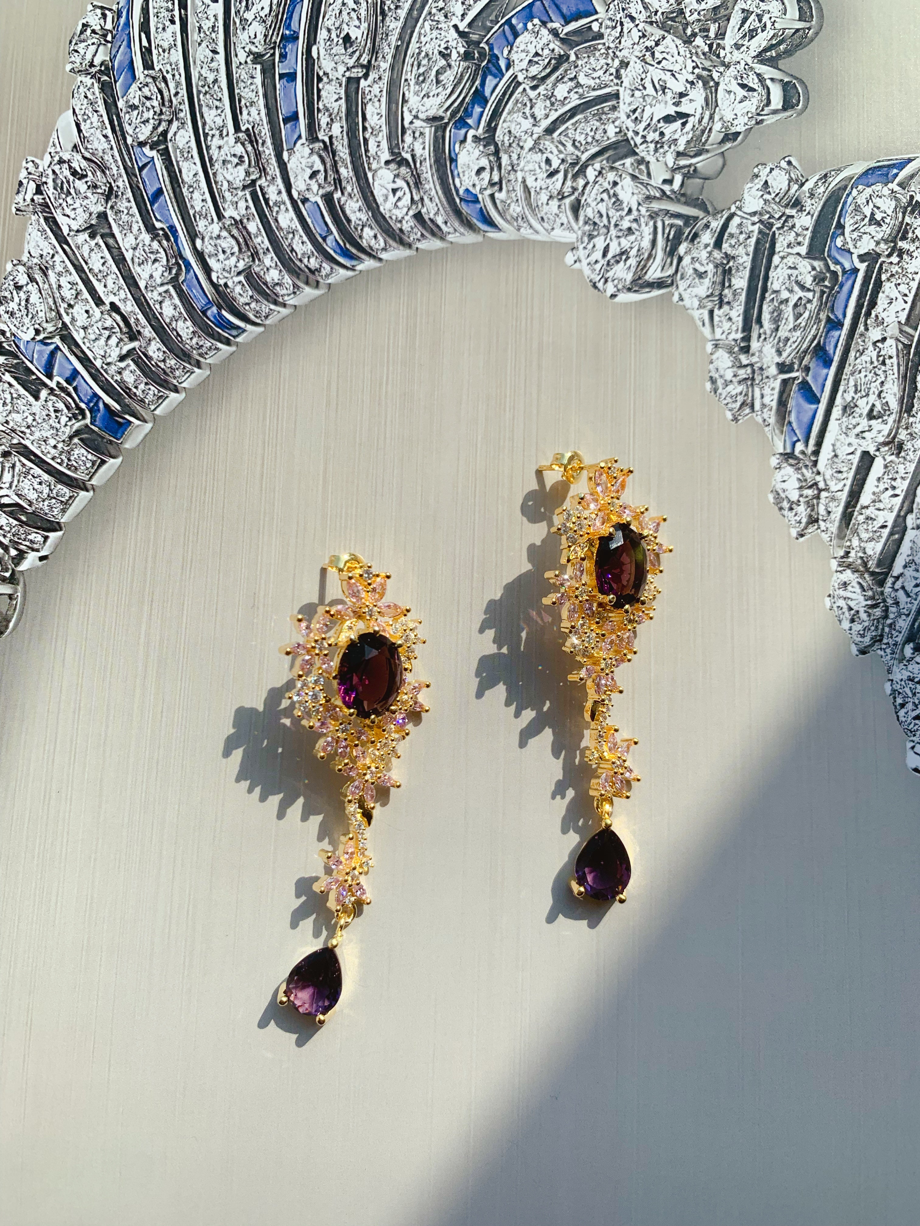 18K Gold-plated Purple Crystal Floral Drop Earrings