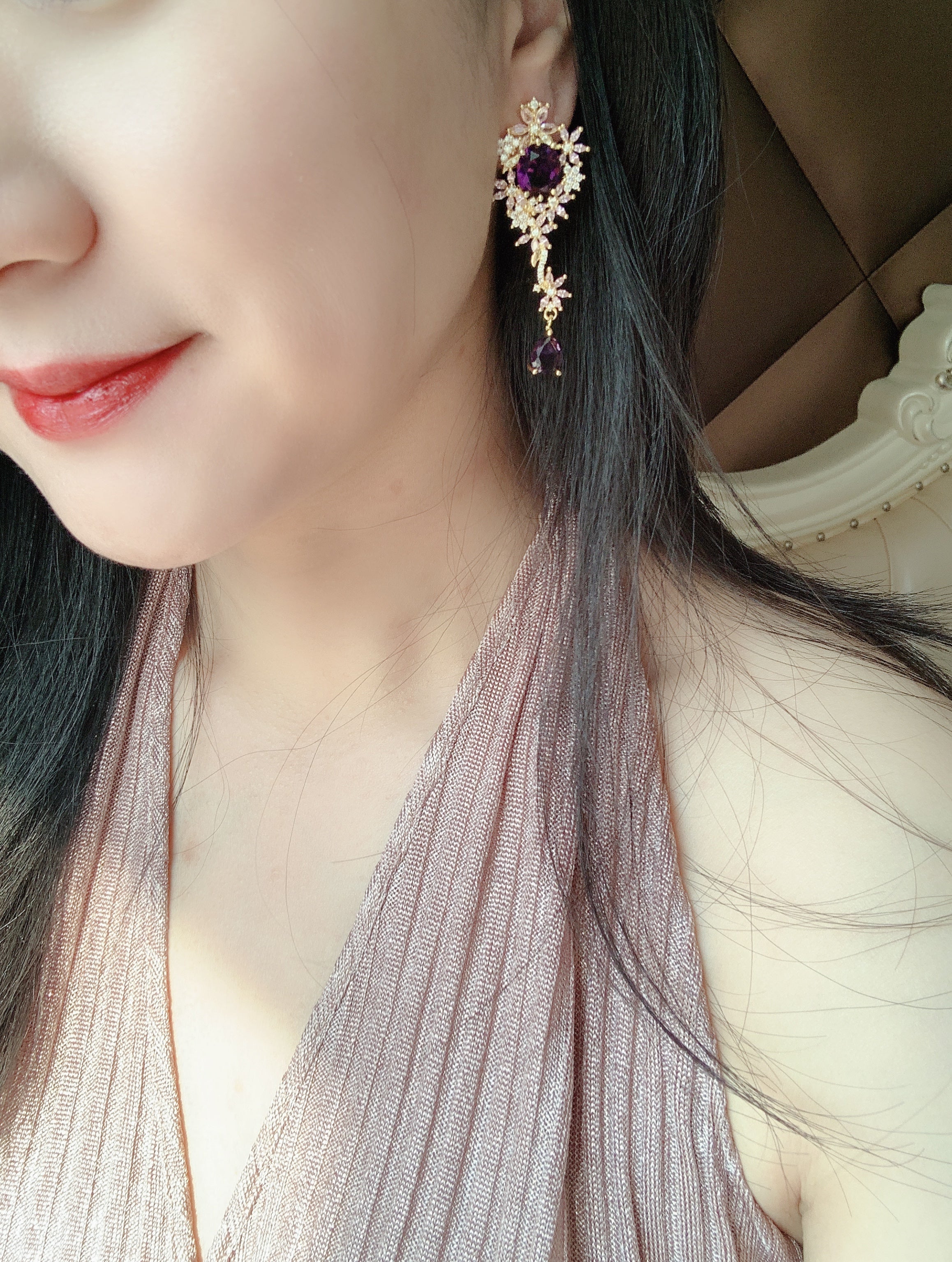 18K Gold-plated Purple Crystal Floral Drop Earrings